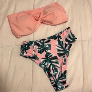 Tropical palm print pink bandeau bikini set